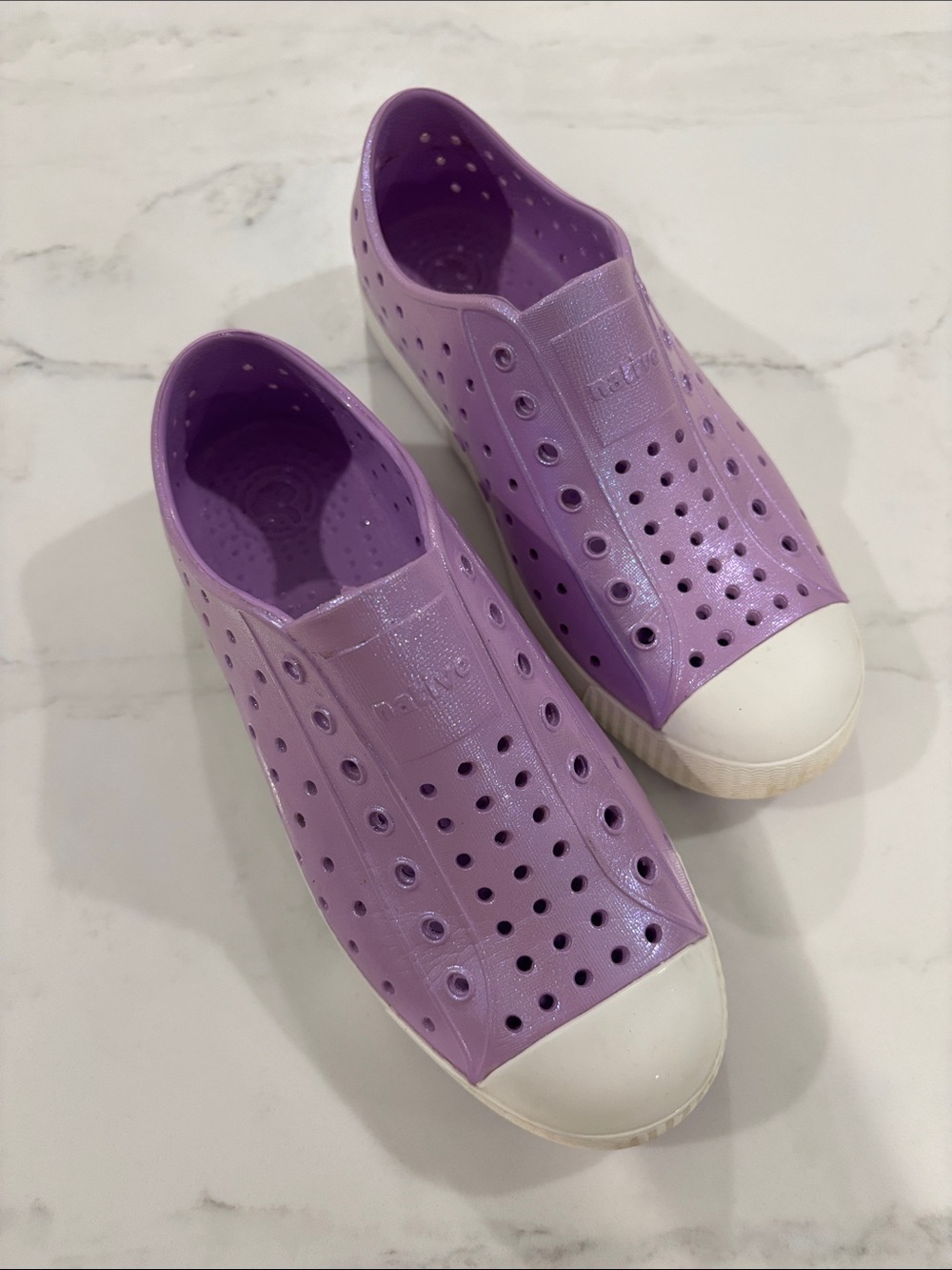 Native Jefferson Slip-On Moccasins in Lavender with White Toe Cap - Size J2
